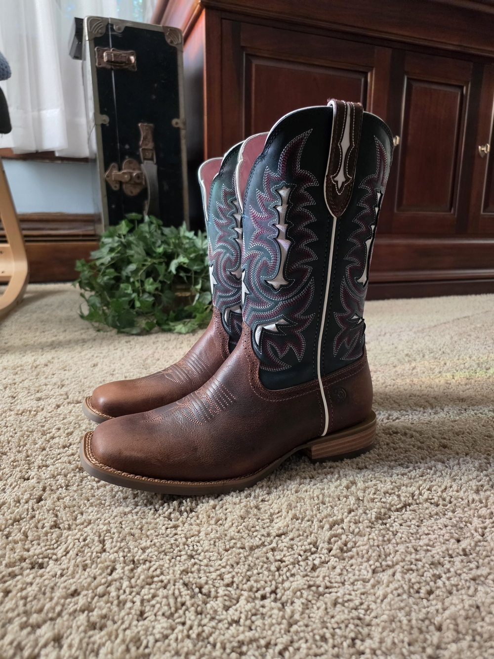 Durango Brown Leather Western Boots with Green Shaft & Burgundy Stitching